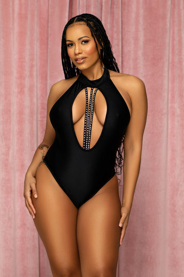 Body de tiras con corazón de diamantes de imitación negros